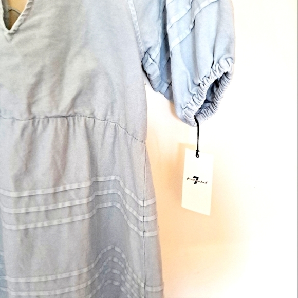 7 For All Mankind Light Wash Denim Back Tie Puff Sleeve Babydoll Mini-Dress - Picture 3 of 10